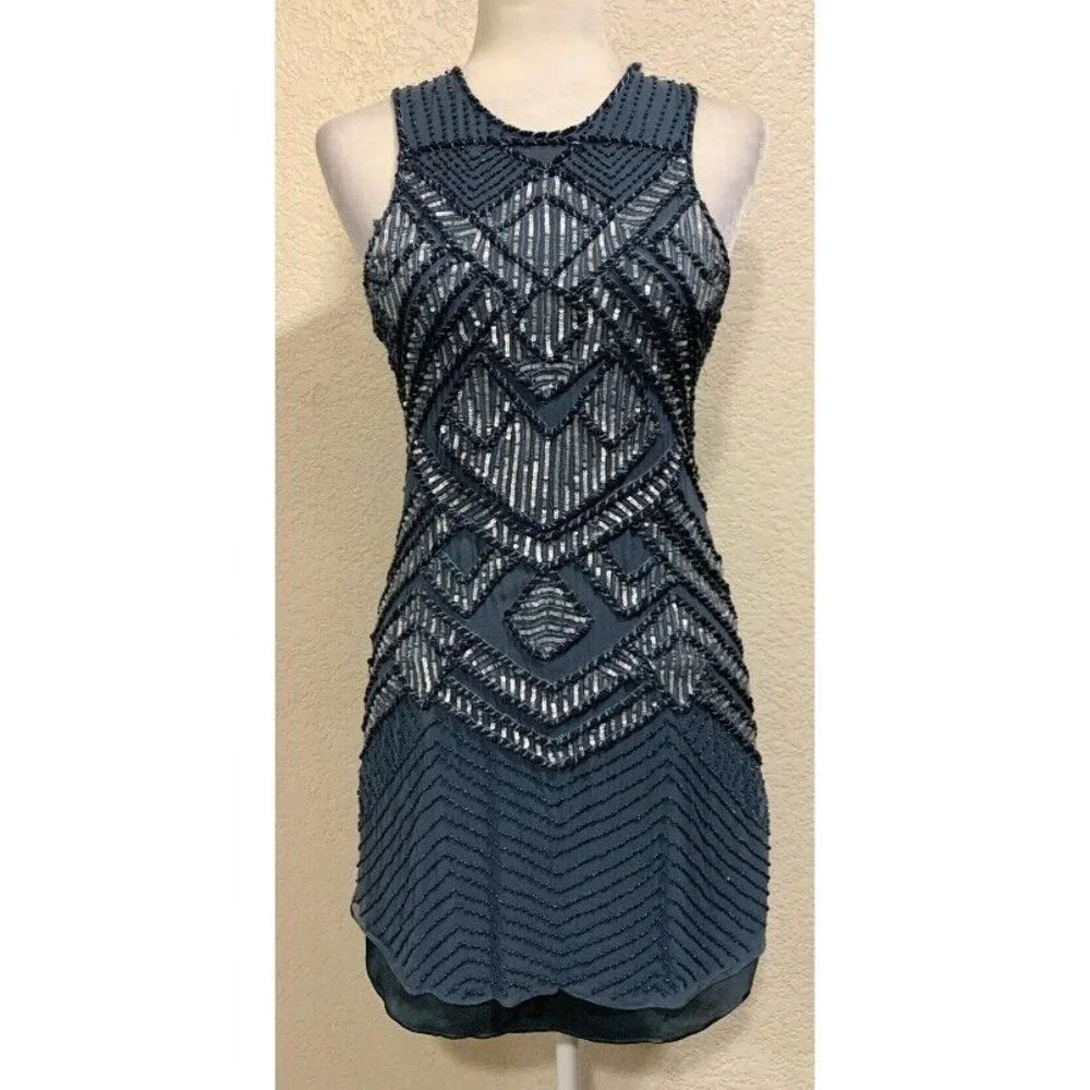 parker blue beaded dress PARKER Sequin Beaded Aquarius Blue Keyhole Halter Cocktail Dress Evening Size 4